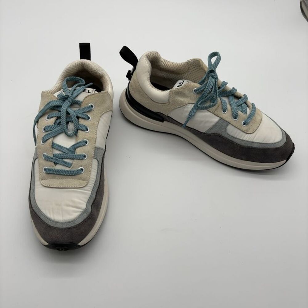 CHANEL Cream, Gray & Blue Low-Top Sneakers